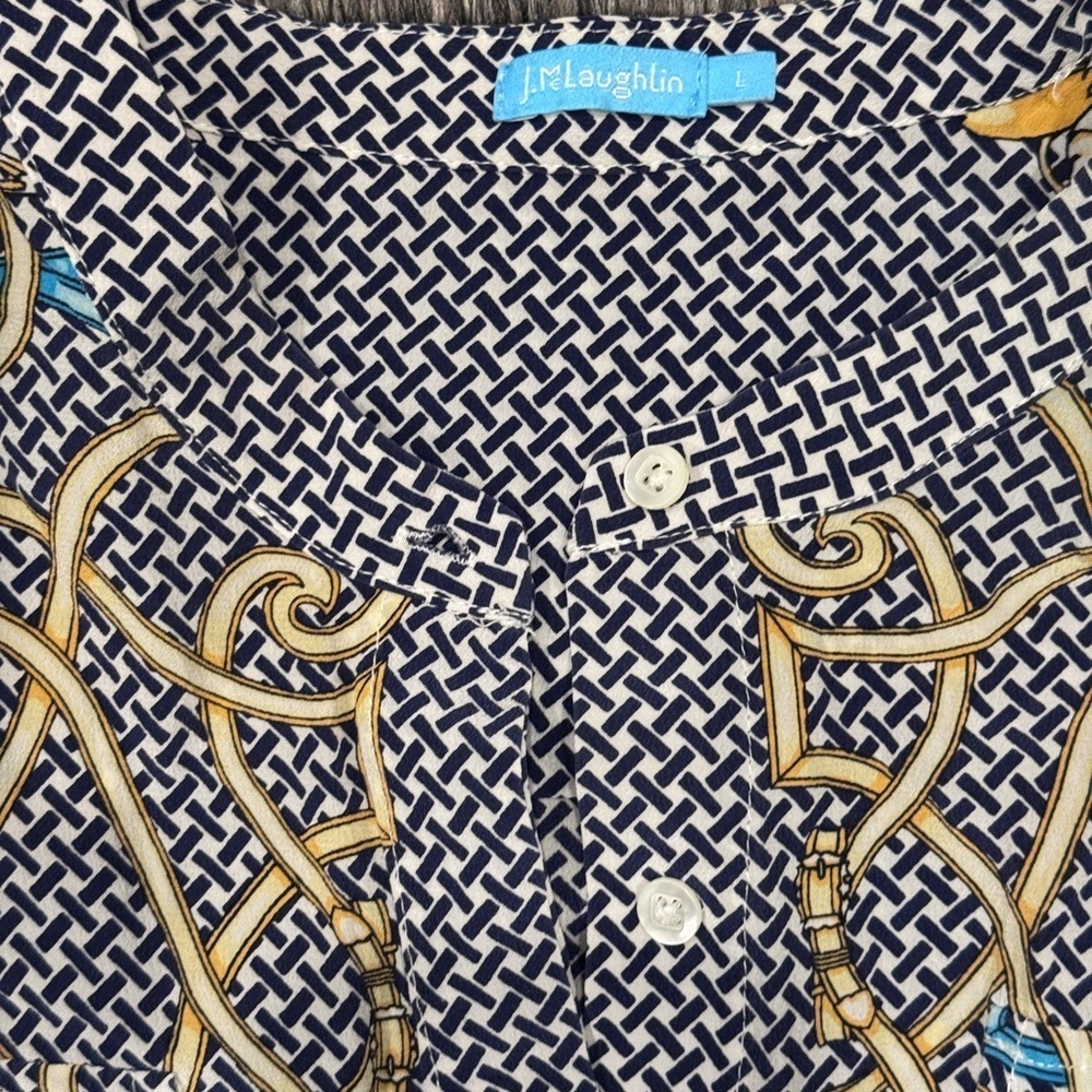 J. McLaughlin Equestrian Gold Chains Art Deco Blouse 100% Silk - Picture 3 of 5